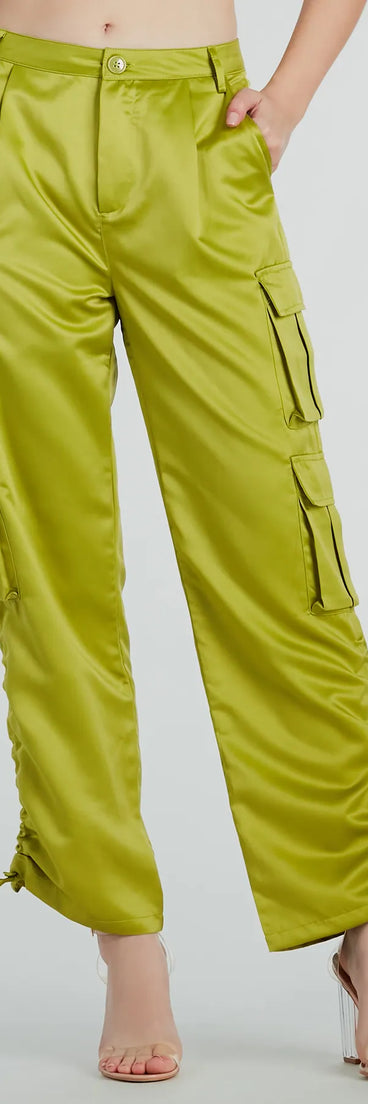 A stylish choice for adding an edgy flair to your everyday attire, the Trendy Babe Satin Cargo Pants in lime green are utility-inspired cargos for women that create a bold yet functional on-trend outfit.