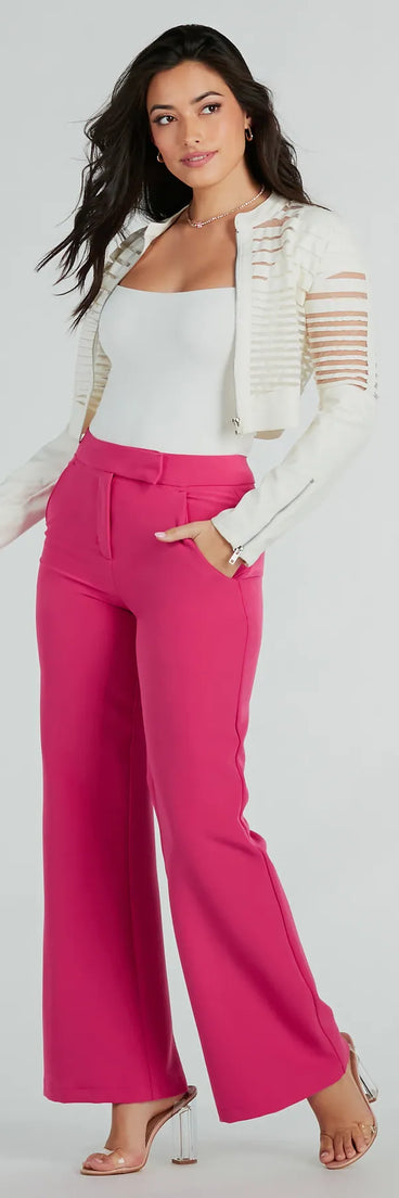 The Perfectly Chic High Waist Straight-Leg Trouser Pants in fuchsia is a pair of women's pants with an on-trend leg style and elevated fabric that adds texture, perfect for crafting effortless winter outfits.