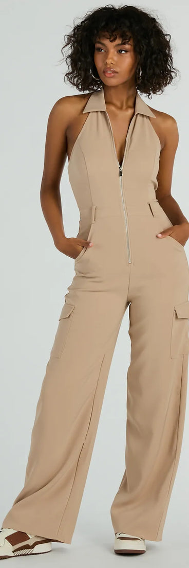 Refresh your fall closet with stylish women's pants like the Traveling Cute Halter Wide-Leg Cargo Jumpsuit in a sleek fabric and a pant leg style that makes your look unique.