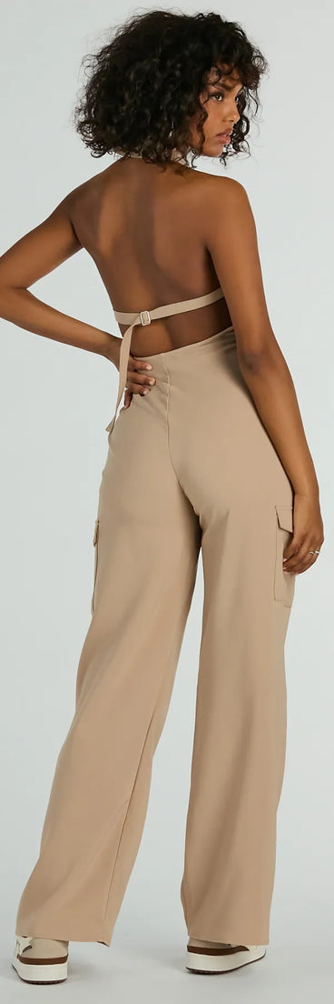 Refresh your fall closet with stylish women's pants like the Traveling Cute Halter Wide-Leg Cargo Jumpsuit in a sleek fabric and a pant leg style that makes your look unique.