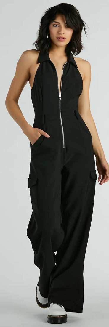 Trendsetting Babe Collared Zip-Front Cargo Jumpsuit