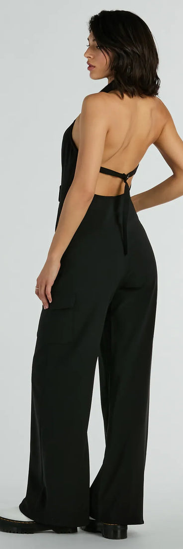 Trendsetting Babe Collared Zip-Front Cargo Jumpsuit