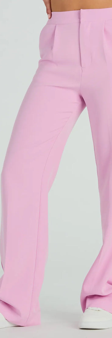 The Style So Chic Straight-Leg Woven Trouser Pants in pink is a versatile pair of women's pants with trendy design accents, crafted for holiday-ready looks, from office wear to sophisticated winter night outs.
