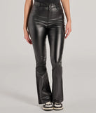 Create bold, fashion-forward looks for spring or summer with the Sleek Business High-Rise Faux Leather Flare Pants in black, a must-have piece from Windsor’s collection of stylish bottoms for women.