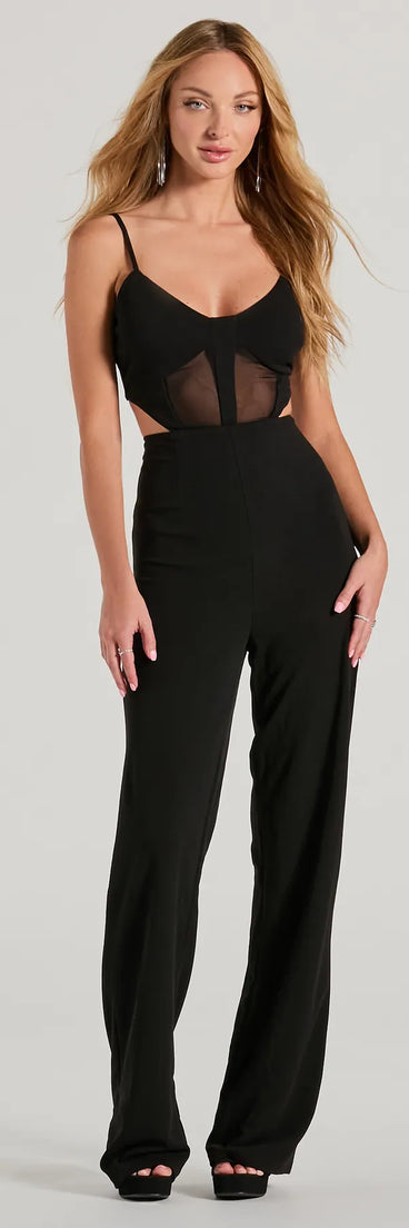 Chic Position Cutout Mesh Crepe Wide-Leg Jumpsuit