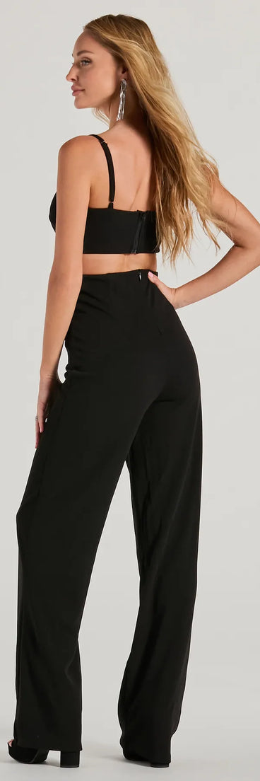 Chic Position Cutout Mesh Crepe Wide-Leg Jumpsuit