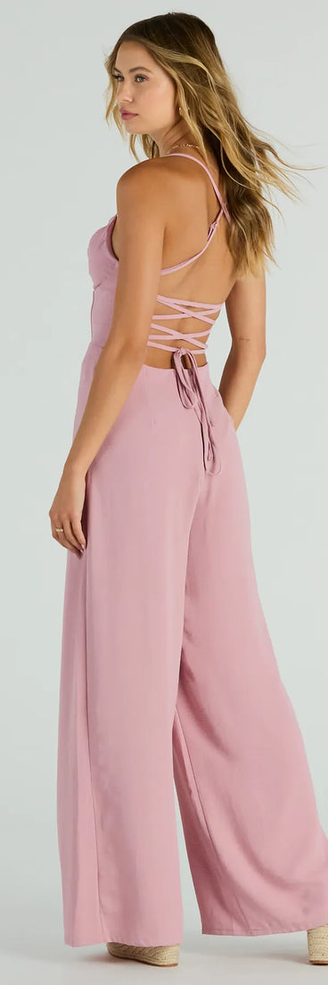 Effortless Allure Lace-Up Woven Wide-Leg Jumpsuit