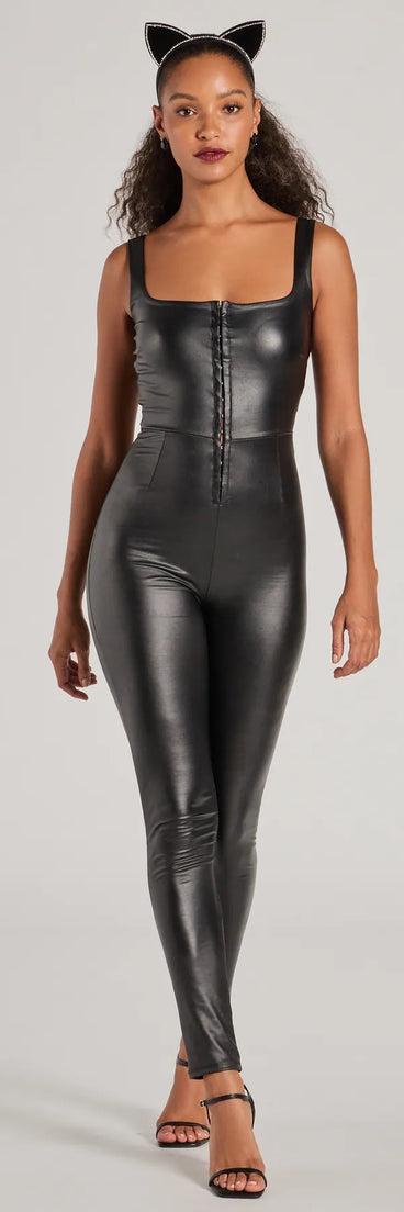 The Dare To Allure Faux Leather Hook-Eye Catsuit in black is a pair of women's pants with an on-trend leg style and elevated fabric that adds texture, perfect for crafting effortless winter outfits.