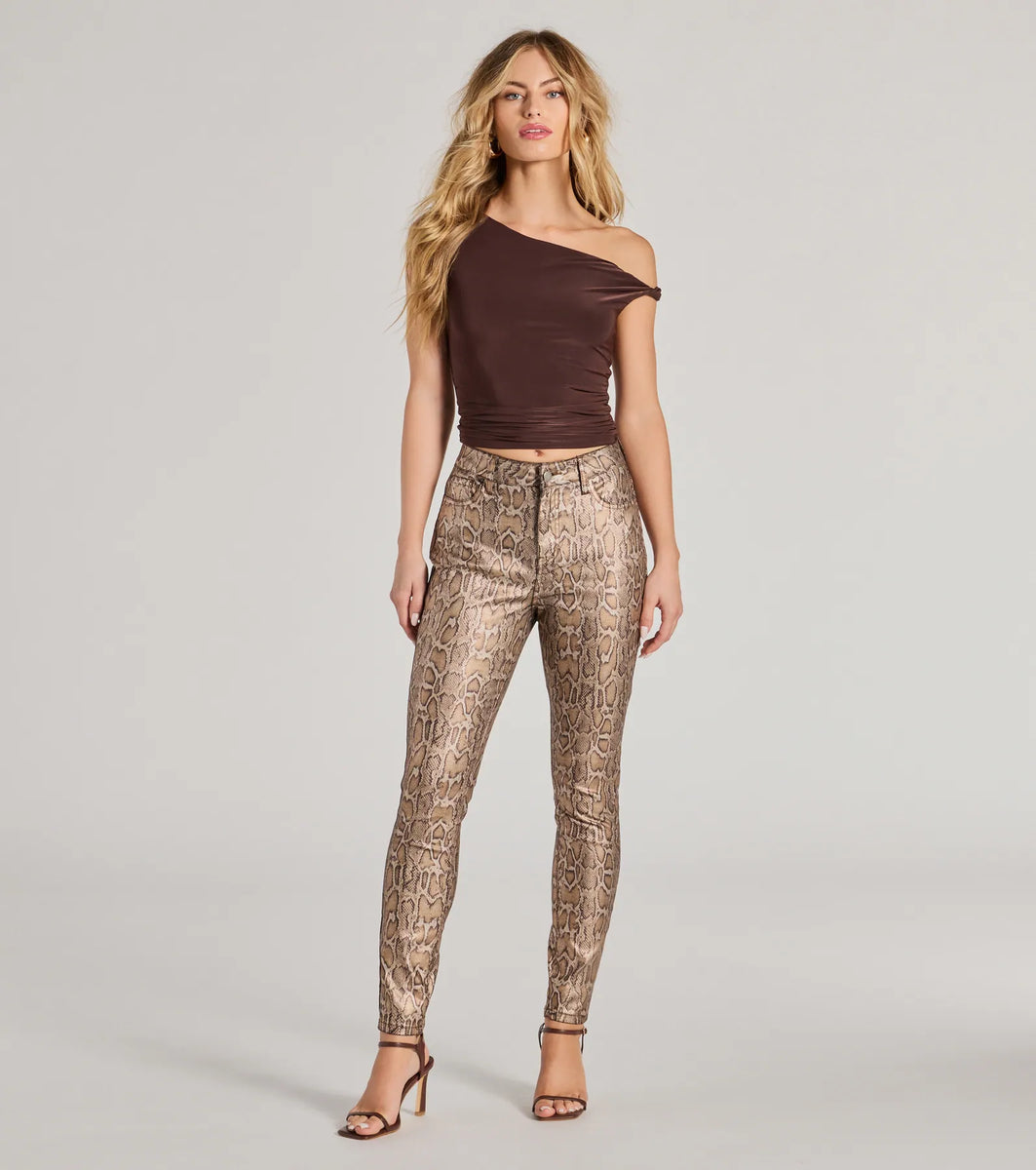 Crazy Black and white Real Cowhide snake print leather cargo spiked pants