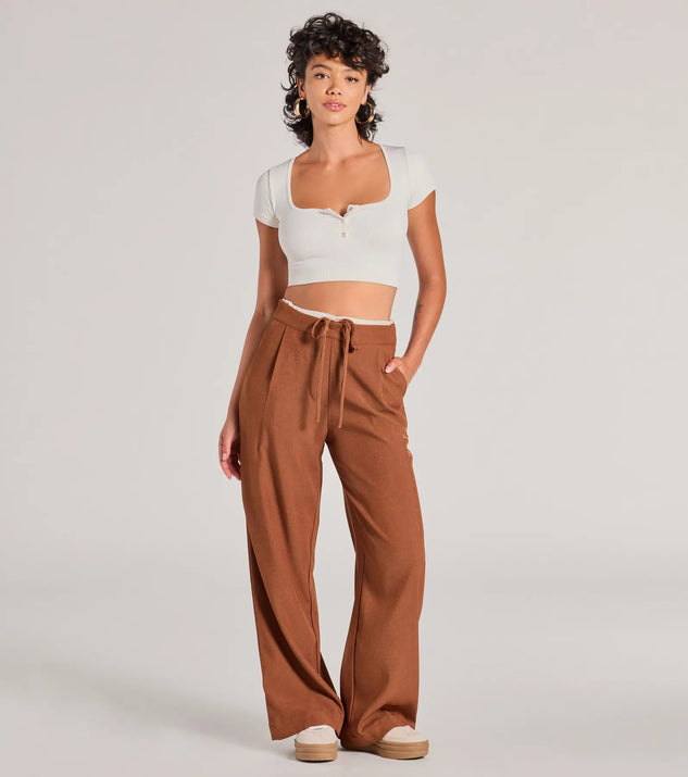 The Trendy Muse Contrast Waist Trouser Pants in camel is a pair of women's pants with an on-trend leg style and elevated fabric that adds texture, perfect for crafting effortless winter outfits.