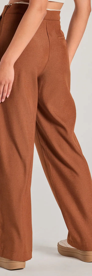 The Trendy Muse Contrast Waist Trouser Pants is a trendy women's bottom in camel brown, designed with modern details and alluring textures to complete chic outfits for 2025.