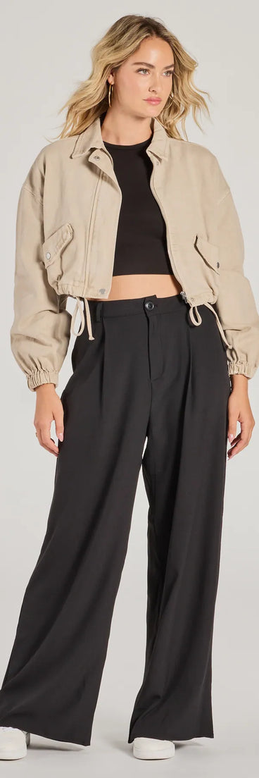 The Posh Play High Rise Wide Leg Trouser Pants in black is a pair of women's pants with an on-trend leg style and elevated fabric that adds texture, perfect for crafting effortless winter outfits.