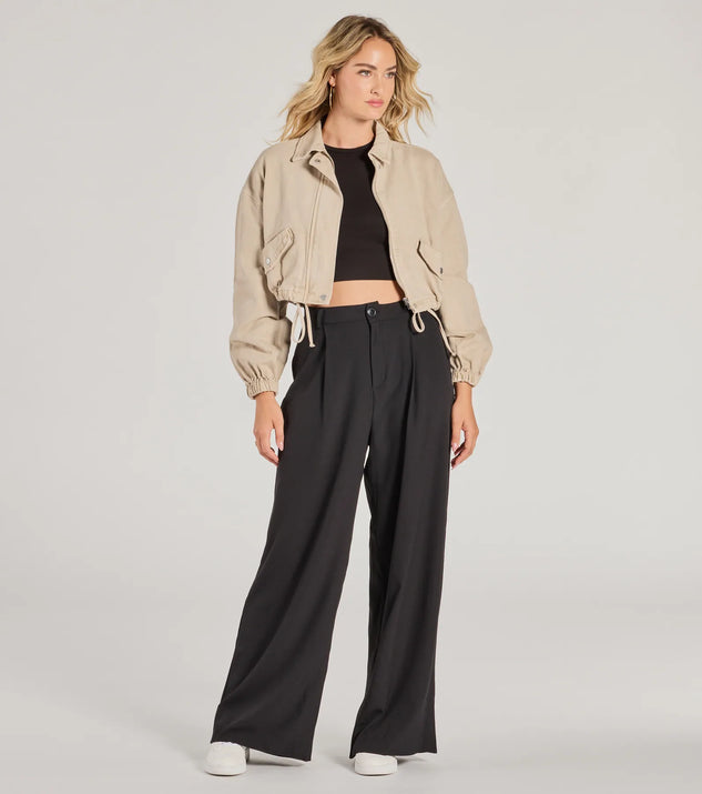 The Posh Play High Rise Wide Leg Trouser Pants in black is a pair of women's pants with an on-trend leg style and elevated fabric that adds texture, perfect for crafting effortless winter outfits.
