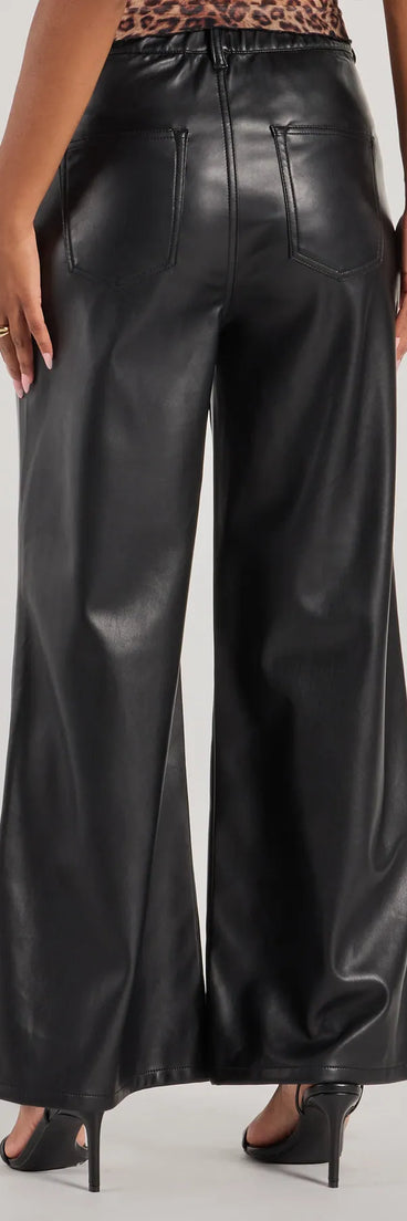 The Glam In Motion Faux Leather Wide-Leg Pants is a trendy women's bottom in black, designed with modern details and alluring textures to complete chic outfits for 2025.