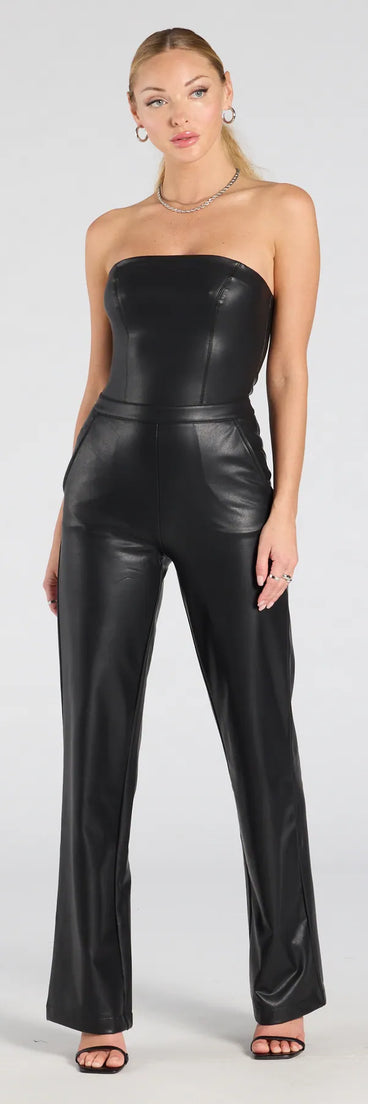 The On The Low Strapless Wide-Leg Faux Leather Jumpsuit is a trendy women's bottom in black, designed with modern details and alluring textures to complete chic outfits for 2025.