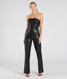 The On The Low Strapless Wide-Leg Faux Leather Jumpsuit is a trendy women's bottom in black, designed with modern details and alluring textures to complete chic outfits for 2025.
