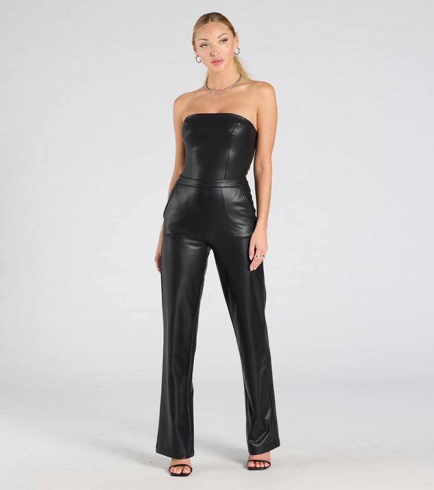 The On The Low Strapless Wide-Leg Faux Leather Jumpsuit is a trendy women's bottom in black, designed with modern details and alluring textures to complete chic outfits for 2025.