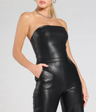 Create bold, fashion-forward looks for spring or summer with the On The Low Strapless Wide-Leg Faux Leather Jumpsuit in black, a must-have piece from Windsor’s collection of stylish bottoms for women.