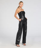 The On The Low Strapless Wide-Leg Faux Leather Jumpsuit is a trendy women's bottom in black, designed with modern details and alluring textures to complete chic outfits for 2025.