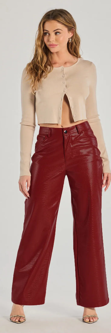 The Chic Babe Faux Leather Croc-Embossed Wide-Leg Pants is a trendy women's bottom in red, designed with modern details and alluring textures to complete chic outfits for 2025.