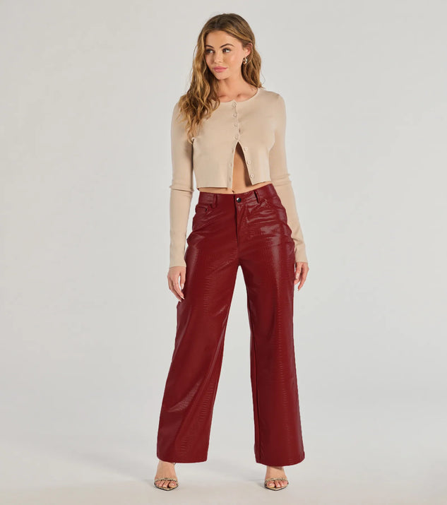 The Chic Babe Faux Leather Croc-Embossed Wide-Leg Pants is a trendy women's bottom in red, designed with modern details and alluring textures to complete chic outfits for 2025.
