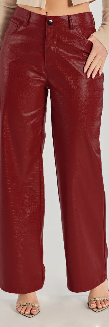 The Chic Babe Faux Leather Croc-Embossed Wide-Leg Pants is a trendy women's bottom in red, designed with modern details and alluring textures to complete chic outfits for 2025.