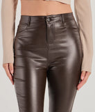 Make a statement with the Trendsetter Alert Coated Faux Leather Flared Pants, women's brown pants featuring stylish fits and glam finishes, perfect for a trendy outfit of the day or seasonal celebrations.