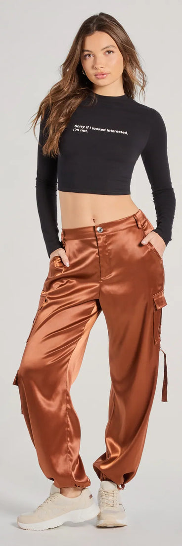 Trendy cognac cargo pants like the Sleek Sensation Satin High-Rise Cargo Joggers bring casual utility style to everyday and off-duty looks.