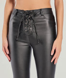 Create bold, fashion-forward looks for spring or summer with the Ready For Sleek Lace-Up Flare Faux Leather Pants in black, a must-have piece from Windsor’s collection of stylish bottoms for women.