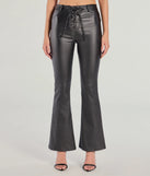 The Ready For Sleek Lace-Up Flare Faux Leather Pants is a trendy women's bottom in black, designed with modern details and alluring textures to complete chic outfits for 2025.