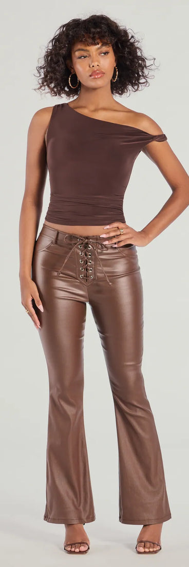 The Ready For Sleek Lace-Up Flare Faux Leather Pants is a trendy women's bottom in brown, designed with modern details and alluring textures to complete chic outfits for 2025.