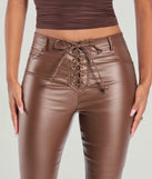 Create bold, fashion-forward looks for summer with the Ready For Sleek Lace-Up Flare Faux Leather Pants in brown, a must-have piece from Windsor’s collection of stylish bottoms for women.