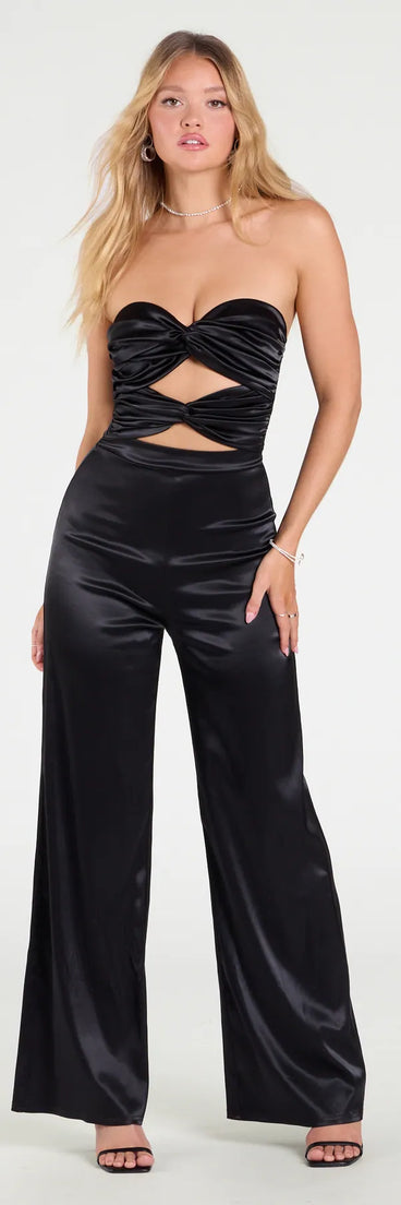 Create bold, fashion-forward looks for summer with the Late Nights Cutout Satin Wide-Leg Jumpsuit in black, a must-have piece from Windsor’s collection of stylish bottoms for women.
