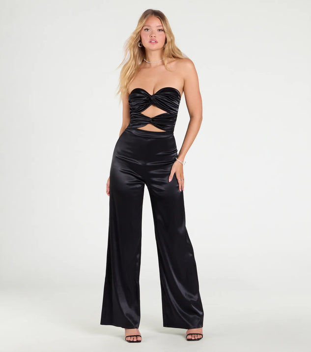 Create bold, fashion-forward looks for spring or summer with the Late Nights Cutout Satin Wide-Leg Jumpsuit in black, a must-have piece from Windsor’s collection of stylish bottoms for women.