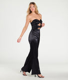Create bold, fashion-forward looks for spring or summer with the Late Nights Cutout Satin Wide-Leg Jumpsuit in black, a must-have piece from Windsor’s collection of stylish bottoms for women.