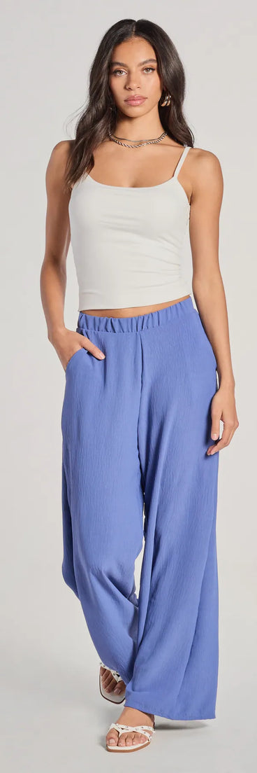 The Airy Chic Woven Wide-Leg Pants in denim blue brings edge and energy to your vibe, ready to elevate any festival look or concert outfit.