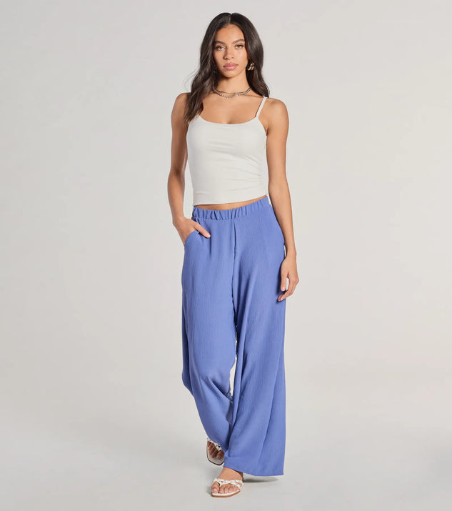 The Airy Chic Woven Wide-Leg Pants in denim blue brings edge and energy to your vibe, ready to elevate any festival look or concert outfit.