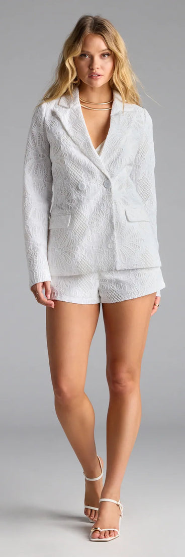 Serve effortless style and scroll-stopping energy in the Chic Babe Eyelet Lace Shorts, part of a ivory matching clothing set that does the work for you with bold, polished vibes from top to bottom.
