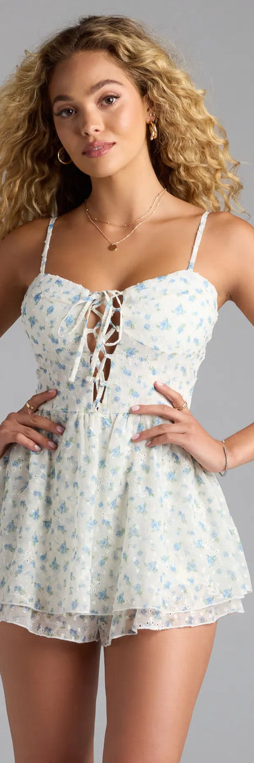 Designed for campus outfits, sleek workwear, and on-the-go moments, the Sunny Muse Floral Eyelet Chiffon Romper is a trendy ivory bottom for women bringing effortless fall versatility.