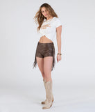 Create bold, fashion-forward looks for spring or summer with the Let's Ride Fringe Hot Shorts in brown, a must-have piece from Windsor’s collection of stylish bottoms for women.