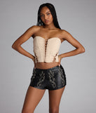 Create an edgy yet effortless vibe for day-to-night wear in the Saddle Up Hot Girl Shorts, black faux leather shorts that add bold texture for chic streetwear or going-out styles.