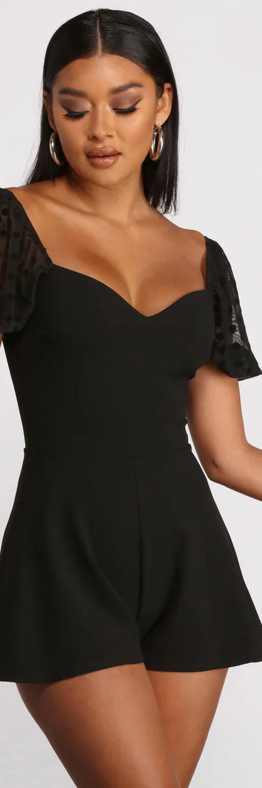 Polka Dot Puff Sleeve Sweetheart Neck Crepe Romper