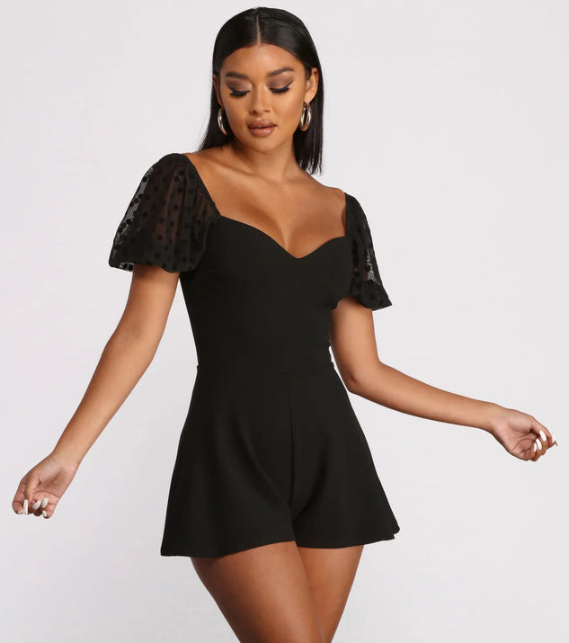 Polka Dot Puff Sleeve Sweetheart Neck Crepe Romper