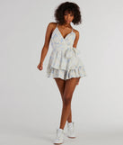 Perfect as a dress alternative for a New Year's outfit, wedding guest attire, and cocktail party dress alike, the Sweet Romance Tie-Front Floral Woven Skater Romper is a women's ivory romper that combines a stylish, unique design with festive colors and holiday-ready details for a standout look!