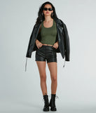 The Turn Up Cargo Metallic Faux Leather Shorts in black brings edge and energy to your vibe, ready to elevate any festival look or concert outfit.