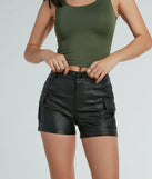 The Turn Up Cargo Metallic Faux Leather Shorts is a trendy women's bottom in black, designed with modern details and alluring textures to complete chic outfits for 2025.