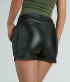 Create bold, fashion-forward looks for summer with the Turn Up Cargo Metallic Faux Leather Shorts in black, a must-have piece from Windsor’s collection of stylish bottoms for women.