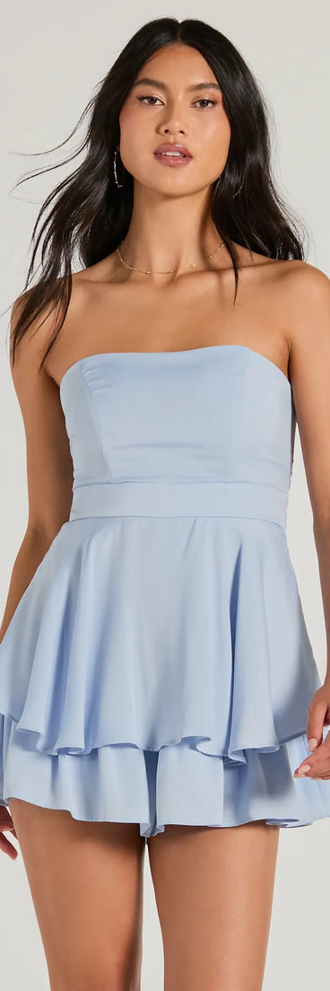 Charmed Strapless Ruffled Woven Skater Romper