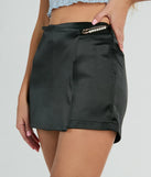 The Perfect Polished Faux Pearl Pin Mini Satin Skort is a trendy women's bottom in black, designed with modern details and alluring textures to complete chic outfits for 2025.