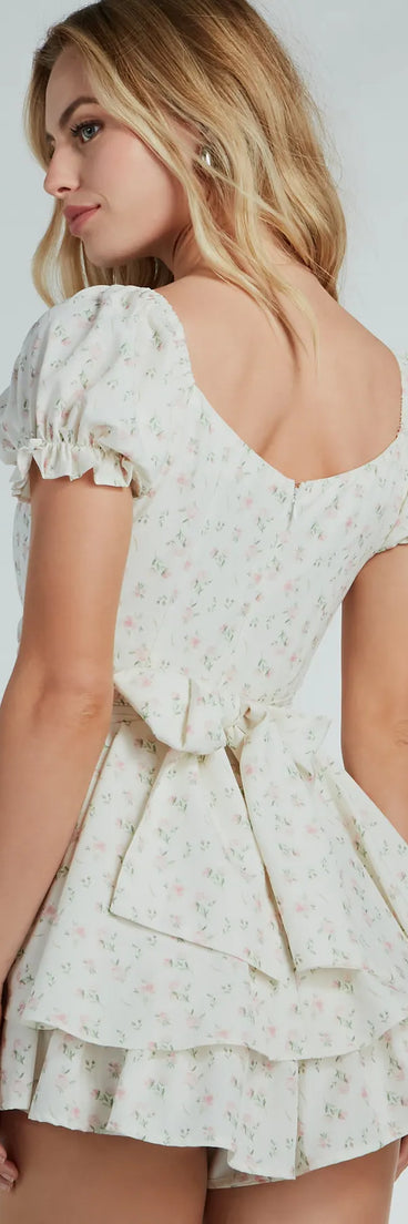 Here To Play Bow Ruffled Ditsy Floral Romper